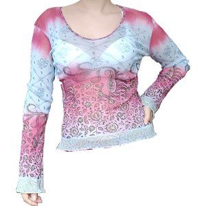 y2k mesh longsleeve top super nice stretchy micromesh blouse in blue/pink ombre